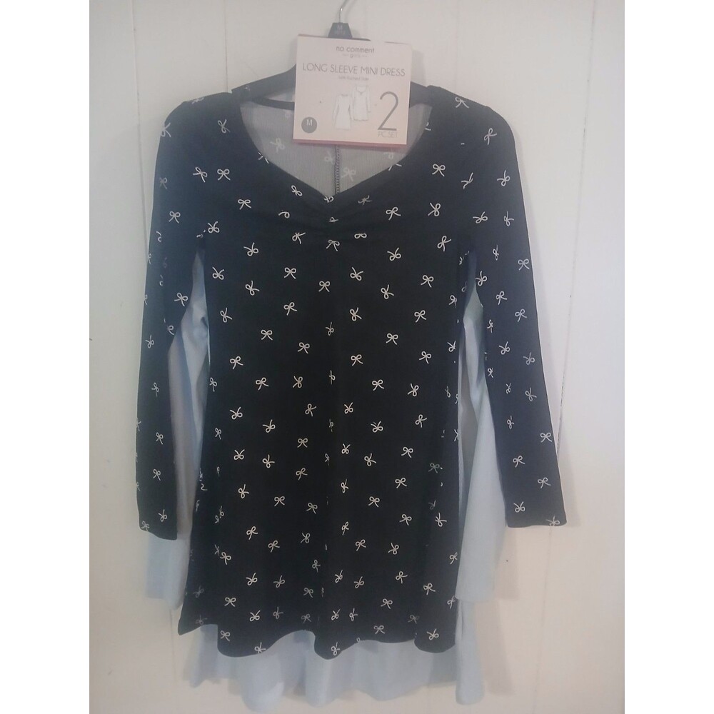 New No Comment 2 Pack Long Sleeve Mini Dress Ruched Sides Black/Blue Girls 10/12